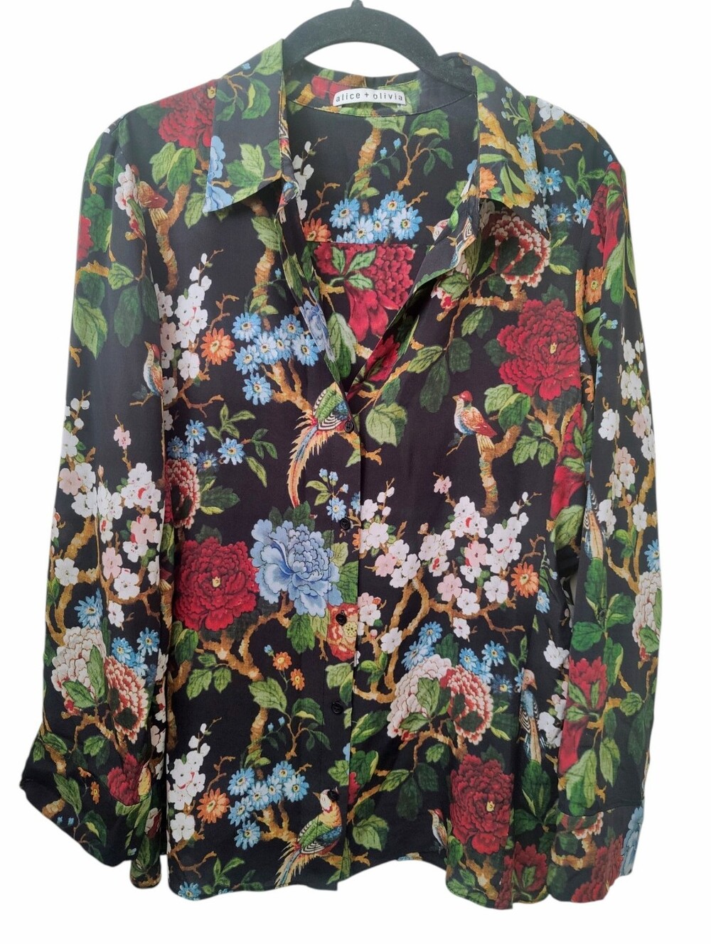 ALICE + OLIVIA 100% Silk Floral Bird Blouse S Button-Up 3/4 Sleeves